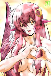 Rule 34 | 10s, 1girl, ;d, fang, hair censor, hair ornament, hairclip, heart, heart hands, lamia, long hair, miia (monster musume), monster girl, monster musume no iru nichijou, nude, one eye closed, open mouth, pointy ears, red hair, s-now, scales, signature, smile, solo, upper body, yellow eyes