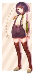 Rule 34 | 1girl, :/, backpack, bag, english text, fangxiang cuoluan, full body, hair ornament, hairclip, highres, original, purple eyes, purple hair, red thighhighs, shoes, shorts, silhouette, sleeves past wrists, solo, stirrup legwear, striped, striped background, suspenders, sweater, thighhighs, toeless legwear