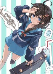 Rule 34 | 1girl, ahoge, blue eyes, blue skirt, blush, braid, brown hair, closed mouth, collarbone, cup, drink, drinking glass, drinking straw, grey footwear, hair between eyes, hair flaps, highres, holding, instrument, kantai collection, long hair, long sleeves, official alternate costume, shigure (kancolle), shigure kai ni (kancolle), single braid, skirt, smile, solo, striped, striped background, sugue tettou, trumpet, twitter username, vertical stripes