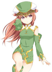 Rule 34 | 1girl, boots, bra, brown bra, closed mouth, commentary request, covered navel, cowboy shot, detached sleeves, dress, freya (valkyrie profile), green footwear, green hat, green sleeves, hand in own hair, hat, knee boots, ky (nimbusky), leg up, long hair, looking at viewer, microdress, purple eyes, shikou sakugo (qqap9gt9k), simple background, sleeveless, sleeveless dress, solo, standing, standing on one leg, underwear, valkyrie profile (series), white background