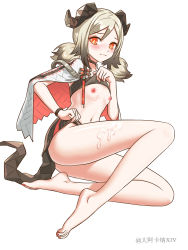 Rule 34 | 1girl, arknights, bad id, bad pixiv id, barefoot, blonde hair, bottomless, bra, bra lift, breasts, clothes lift, cum, cum on body, cum on breasts, cum on lower body, cum on upper body, da akana xiv, highres, horns, ifrit (arknights), lifting own clothes, nipples, no panties, orange eyes, short hair, skirt, skirt lift, solo, tail, twintails, underwear