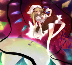 Rule 34 | 1girl, bare legs, blonde hair, crystal, demon wings, dress, female focus, flandre scarlet, frills, hat, looking at viewer, mob cap, mugen dai, puffy short sleeves, puffy sleeves, rainbow order, red dress, red eyes, remilia scarlet, short hair, short sleeves, side ponytail, solo, touhou, wings