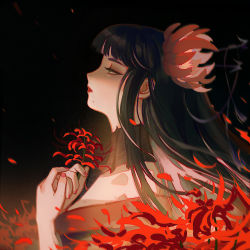 Rule 34 | 1girl, black background, black collar, black hair, blunt bangs, chinese commentary, collar, commentary request, final fantasy, final fantasy xiv, flower, from side, green eyes, half-closed eyes, highres, holding, holding flower, long hair, looking ahead, mole, mole under mouth, motion blur, nail polish, petals, portrait, profile, red lips, red nails, solo, spider lily, straight hair, xiang wan wei wan, yotsuyu goe brutus