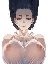 Rule 34 | 1girl, bare shoulders, black hair, bow (bhp), breasts, closed mouth, dress, hair in own mouth, hanging breasts, hasshaku-sama, large breasts, long hair, looking at viewer, nipples, no bra, original, purple eyes, see-through, see-through dress, simple background, solo, sundress, upper body, upside-down, white background, white dress
