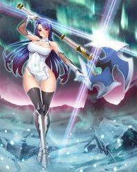 Rule 34 | 00s, 1girl, angry, axe, bare shoulders, black legwear, blue hair, bodysuit, boots, breasts, cleavage, covered navel, female focus, full body, highres, kagami hirotaka, large breasts, lilith-soft, long hair, looking at viewer, no bra, pink eyes, shiny skin, solo, standing, taimanin (series), taimanin asagi, taimanin asagi kessen arena, taimanin asagi zero, weapon, wide hips, yatsu murasaki