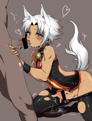 Rule 34 | 2boys, androgynous, animal ears, bad id, bad pixiv id, bare shoulders, black legwear, brown background, censored, crossdressing, cum, cum in mouth, cum on clothes, dark-skinned male, dark skin, fellatio, fox ears, fox tail, heart, jewelry, looking at viewer, male focus, male masturbation, masturbation, multiple boys, navel, oral, original, pantyhose, penis, pointless censoring, purple eyes, short hair, simple background, sitting, slit pupils, solo focus, sweat, tail, tears, testicles, thick thighs, thighs, torn clothes, torn legwear, trap, trembling, undressing, wadani hitonori, white hair, yaoi, yume rame