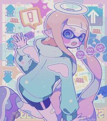 Rule 34 | !, 1girl, :o, back, bandaid, bandaid on arm, bandaid on ear, bandaid on leg, bike shorts, blonde hair, blue eyes, blue hoodie, blush stickers, commentary, drop shadow, fangs, foot out of frame, gradient eyes, halo, hood, hoodie, inkling, inkling girl, inkling player character, long hair, looking back, multicolored eyes, nintendo, open mouth, outline, pointy ears, purple eyes, shorts, solo, speech bubble, splatoon (series), spoken exclamation mark, standing, standing on one leg, star (symbol), symbol-only commentary, tama5sp, tentacle hair, twintails, two-tone eyes, very long hair, white halo, white outline, white wings, wings