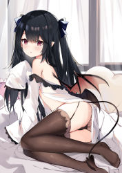 Rule 34 | 1girl, :o, absurdres, ass, black hair, black thighhighs, blush, bow, demon tail, demon wings, from side, fuyuki030, garter straps, hair bow, hair ornament, hand up, highres, indoors, long hair, long sleeves, looking at viewer, looking to the side, off shoulder, original, parted lips, pointy ears, purple eyes, solo, tail, thighhighs, thighs, wings
