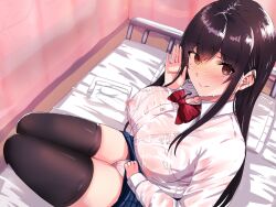 Rule 34 | 1girl, bed, bed sheet, black hair, blush, bra, bra visible through clothes, breasts, brown eyes, closed mouth, clothes lift, collarbone, ekaki kukuma, hair between eyes, highres, infirmary, large breasts, lifted by self, long hair, long sleeves, looking at viewer, nipples, non-web source, on bed, original, panties, see-through, see-through shirt, shirt, sidelocks, sitting, skirt, skirt lift, smile, solo, sweat, underwear, white bra, white panties, white shirt