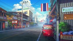 Rule 34 | blue sky, building, city, cityscape, cloud, commentary, crosswalk, day, english commentary, english text, highres, no humans, original, power lines, rickshaw, rkmlady, road, scenery, shop, sign, sky, street, thai flag, thai text, thailand, utility pole