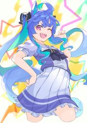 Rule 34 | 1girl, ;d, @ @, ahoge, animal ears, aqua hair, black bow, black bowtie, blue hair, bow, bowtie, commentary request, cropped legs, crossed bangs, hair bow, hand on own hip, hand up, highres, horse ears, horse girl, horse tail, iam (tetsu0ekaki), long hair, looking at viewer, multicolored hair, one eye closed, open mouth, petticoat, pleated skirt, pointing, pointing at self, purple eyes, purple shirt, school uniform, sharp teeth, shirt, short sleeves, sidelocks, skirt, smile, solo, star (symbol), starry background, tail, teeth, tracen school uniform, twin turbo (umamusume), twintails, two-tone hair, umamusume, upper teeth only, very long hair, white skirt