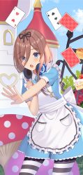 Rule 34 | 1girl, apron, back bow, bad id, bad twitter id, black ribbon, blue dress, blue eyes, blue sky, blush, bow, brown hair, cake, card, cloud, commentary request, dress, eyes visible through hair, floating card, food, go-toubun no hanayome, hair between eyes, hair ribbon, headphones, headphones around neck, highres, izumo neru, jewelry, key, key necklace, long hair, looking at viewer, maid apron, nakano miku, necklace, open mouth, outdoors, pancake, pancake stack, pantyhose, ribbon, short sleeves, sky, solo, standing, striped clothes, striped pantyhose, white apron, white bow