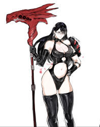 Rule 34 | 1girl, alternate costume, bare shoulders, black gloves, black leotard, black thighhighs, breasts, center opening, cleavage, elbow gloves, feet out of frame, glasses, gloves, hand on own hip, highres, holding, holding scythe, holding weapon, kamishiro rize, large breasts, leotard, long hair, navel, scythe, shoulder plates, simple background, smile, solo, standing, teeth, thighhighs, tokyo ghoul, weapon, white background, yourfreakyneighbourh