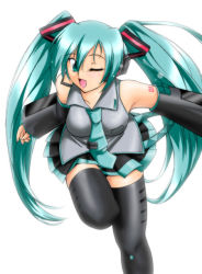 Rule 34 | 1girl, ;d, aqua hair, belt, black footwear, black skirt, boots, collared shirt, detached sleeves, grey shirt, hair between eyes, hair ornament, hatsune miku, headphones, headset, long hair, microphone, miniskirt, necktie, okashira (okashira souhonzan), one eye closed, open mouth, outstretched arm, pleated skirt, running, shirt, simple background, skirt, smile, solo, tattoo, thigh boots, thighhighs, twintails, very long hair, vocaloid, white background