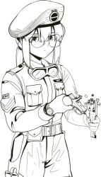 Rule 34 | 1girl, beret, boa (brianoa), breast pocket, character request, closed mouth, copyright request, glasses, goggles, goggles around neck, green theme, greyscale, gun, hair between eyes, handgun, hat, highres, holding, holding gun, holding weapon, long sleeves, military, military uniform, monochrome, pants, pocket, ponytail, reloading, revolver, round eyewear, simple background, solo, standing, uniform, watch, weapon, white background, wristwatch