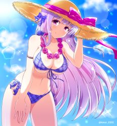 Rule 34 | 1girl, alternate costume, arm strap, azur lane, beach, bikini, blue sky, blush, breasts, cleavage, cloud, collarbone, cygnet (azur lane), cygnet (sea star on shore) (azur lane), day, floating hair, gluteal fold, groin, hair ribbon, hand on headwear, hat, highres, kamishiro (rsg10679), large breasts, leaning forward, long hair, looking at viewer, navel, outdoors, plaid, plaid bikini, plaid ribbon, purple bikini, purple eyes, purple ribbon, ribbon, sand, side-tie bikini bottom, sidelocks, skindentation, sky, smile, solo, sparkle, stomach, straw hat, swimsuit, thighs, twitter username, wind