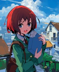 Rule 34 | 1girl, :d, alchemaniac, bag, blue eyes, blue sky, collared shirt, commentary, copyright request, day, english commentary, green jacket, highres, holding, house, jacket, long sleeves, looking at viewer, necktie, open mouth, outdoors, red hair, red necktie, shirt, shoulder bag, sky, smile, solo, upper body, wing collar