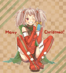 Rule 34 | 1girl, bare shoulders, boots, christmas, elbow gloves, fingerless gloves, gift, gloves, grey hair, grin, one eye closed, original, purple eyes, red gloves, shorts, sitting, smile, solo, thigh boots, thighhighs, twintails, wink, yuuryuu nagare, zettai ryouiki