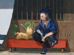 Rule 34 | 1boy, adaman (pokemon), arm wrap, bench, blue coat, blue hair, brown eyes, closed mouth, coat, collar, collarbone, commentary, creatures (company), crossed legs, day, eyebrow cut, game freak, gen 4 pokemon, green hair, hand wraps, highres, leafeon, looking down, male focus, multicolored hair, nintendo, outdoors, pokemon, pokemon (creature), pokemon legends: arceus, signature, sitting, smile, symbol-only commentary, zukki (suzukio)