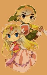 Rule 34 | 1boy, 1girl, artist name, back, belt, blonde hair, blue eyes, blush, closed mouth, dress, floating hair, full body, gloves, jewelry, link, long hair, looking up, multicolored hair, multiple persona, necklace, nintendo, open mouth, pink dress, princess zelda, shield, the legend of zelda, the legend of zelda: spirit tracks, the legend of zelda: the wind waker, tiara, tokuura, toon link, toon zelda