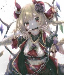 Rule 34 | 1girl, absurdres, alternate costume, ascot, backlighting, blonde hair, bloom, braid, braided ponytail, breasts, carnation, chain, crystal, cuffs, dress, eyebrows hidden by hair, fangs, flandre scarlet, flower, frills, glint, green jacket, hair flower, hair ornament, hair ribbon, hands up, highres, horns, jacket, long hair, looking at viewer, medium breasts, mouth pull, no headwear, open mouth, pink eyes, purple flower, red ascot, red ribbon, ribbon, shackles, simple background, solo, teeth, tongue, touhou, tqg 07, very long hair, white background, white dress, wings