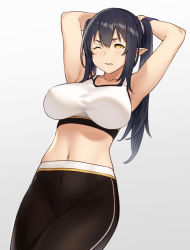 Rule 34 | 1girl, armpits, arms behind head, arms up, black hair, blush, breasts, clenched teeth, collarbone, elf, elf (houtengeki), gradient background, houtengeki, large breasts, long hair, midriff, navel, one eye closed, original, pants, parted lips, pointy ears, simple background, sleeveless, solo, sports bra, teeth, twintails, wristband, yellow eyes, yoga pants