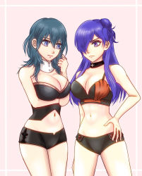 Rule 34 | 2girls, adapted costume, bikini, black bikini, blue eyes, blue hair, breasts, byleth (female) (fire emblem), byleth (fire emblem), cleavage, collar, detached collar, febakkari, fire emblem, fire emblem: three houses, fire emblem warriors: three hopes, frown, gluteal fold, hair bun, hair over one eye, hand on own hip, large breasts, long hair, looking at another, multiple girls, navel, nintendo, pink background, purple eyes, purple hair, shez (female) (fire emblem), shez (fire emblem), simple background, single hair bun, stomach, swimsuit