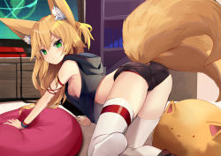 Rule 34 | 1girl, all fours, animal ear fluff, animal ears, arm strap, armpit crease, ass, bare shoulders, black hoodie, black shorts, blonde hair, breasts, closed mouth, clothing cutout, crop top, crop top overhang, denim, denim shorts, fox ears, fox girl, fox tail, frown, green eyes, hair between eyes, hood, hood down, hoodie, kokonoe tsubaki, large tail, long hair, looking at viewer, looking back, micro shorts, midriff, multiple tails, no bra, no shoes, original, panties, panty peek, pillow, pout, red panties, shorts, sideboob, sleeveless, sleeveless hoodie, small breasts, stuffed animal, stuffed toy, tail, tail through clothes, thighhighs, thighs, two tails, underwear, v-shaped eyebrows, white thighhighs, wristband, yoshizawa tsubaki