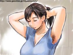 Rule 34 | 1girl, armpit hair, armpits, arms behind head, arms up, black hair, blue shirt, breasts, cleavage, closed eyes, lowres, ponytail, shirt, solo, sweat, sweat stain, upper body, v-neck, watermark