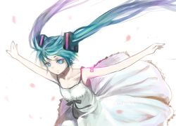 Rule 34 | 1girl, aqua eyes, aqua hair, bad id, bad pixiv id, dress, female focus, fkey, hatsune miku, long hair, outstretched arms, simple background, solo, spread arms, twintails, very long hair, vocaloid, white background
