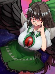 Rule 34 | 1girl, :/, ?, ??, absurdres, bespectacled, black wings, blush, bow, breasts, brown hair, cape, chest jewel, feathered wings, from above, glasses, green nails, green skirt, hair bow, highres, large breasts, long hair, looking at viewer, nail polish, red eyes, reiuji utsuho, shirt, short sleeves, skirt, solo, space, third eye, touhou, very long hair, white cape, wings, zakozako y