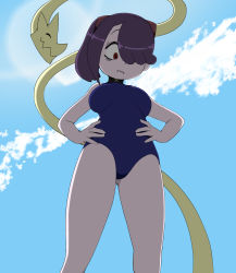 Rule 34 | 1girl, blue background, blue hair, blue skin, colored skin, hands on own hips, highres, leviathan (skullgirls), looking down, one-piece swimsuit, pale skin, red eyes, side ponytail, skullgirls, solo, squigly (skullgirls), stitched mouth, stitches, swimsuit