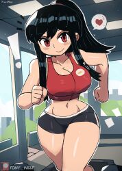 Rule 34 | !, 1girl, absurdres, bare shoulders, black hair, black shorts, blue sky, blush stickers, breasts, cleavage, closed mouth, cowboy shot, day, exercising, gym, heart, highres, indoors, large breasts, long hair, looking at viewer, outline, ponytail, red eyes, running, shiny skin, shorts, sidelocks, sky, smile, solo, spoken heart, sports bra, sportswear, spy x family, tony welt, treadmill, white outline, wide hips, yor briar