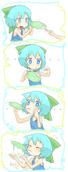 Rule 34 | circled 9, + +, ..., 1girl, 4koma, aqua hair, blue eyes, blue tank top, blush, bow, bright pupils, cirno, comic, commentary request, closed eyes, flying sweatdrops, green bow, hair bow, hand fan, hands up, highres, holding, holding fan, mouth hold, paper fan, short hair, silent comic, simple background, tank top, touhou, uchiwa, white background, white pupils, you&#039;re doing it wrong, ziro (daydozen)