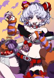 Rule 34 | 1girl, adapted costume, bat (animal), belt, black bow, bow, candy, collarbone, commentary request, food, gradient background, grey hair, halloween costume, highres, looking at viewer, navel, oyatu yatu, pointy ears, red bow, red eyes, sharp teeth, short hair, solo, striped sleeves, teeth, touhou, toutetsu yuuma