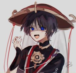 Rule 34 | 1boy, :d, armor, black hair, black shirt, blue eyes, genshin impact, hair between eyes, hand up, hat, highres, japanese armor, japanese clothes, jewelry, jingasa, kote, kurokote, looking at viewer, male focus, necklace, open mouth, red hat, red ribbon, riane cotton, ribbon, scaramouche (genshin impact), shirt, short hair, signature, sketch, smile, solo, upper body, veil, white background