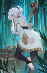 Rule 34 | 1girl, absurdres, ass, boots, brown footwear, bug, earrings, elf, feet, frieren, green eyes, grey hair, highres, holding, holding staff, insect, jewelry, ladybug, leggings, long hair, long sleeves, looking back, mage staff, outdoors, pointy ears, prisoners book (artist), robe, soles, solo, sousou no frieren, staff, standing, standing on one leg, stirrup legwear, toeless legwear, toes, twintails, unworn boots, wet, white hair, white robe