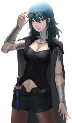 Rule 34 | 1girl, absurdres, adjusting eyewear, aqua hair, arm up, armor, belt, black armor, black belt, black shorts, blue eyes, breasts, brown pantyhose, byleth (female) (fire emblem), byleth (fire emblem), cape, cleavage, clothing cutout, commentary, cowboy shot, dagger, detached collar, english commentary, eyebrows hidden by hair, eyewear on head, fire emblem, fire emblem: three houses, grey cape, hair between eyes, highres, knife, lace, lace-trimmed legwear, lace trim, large breasts, long hair, looking at viewer, medium breasts, navel, navel cutout, nintendo, pantyhose, pantyhose under shorts, parted lips, sheath, sheathed, short shorts, shorts, shoulder armor, sidelocks, simple background, solo, standing, sthreep, taut clothes, vambraces, weapon, white background