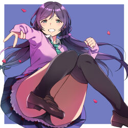 Rule 34 | 1girl, bad anatomy, black panties, black thighhighs, blue background, blush, border, brown footwear, clenched teeth, convenient leg, dot nose, duke (inu daimyou), green eyes, green necktie, loafers, long sleeves, looking at viewer, love live!, love live! school idol project, low twintails, necktie, outside border, panties, petals, pink sweater vest, purple hair, school uniform, shoes, simple background, sleeves past wrists, smile, solo, striped necktie, sweater vest, teeth, thighhighs, tojo nozomi, twintails, underwear, white border