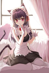 Rule 34 | 1girl, :3, animal ears, apron, bare shoulders, black dress, black hair, bow, bowtie, breasts, cat ears, cat girl, cat tail, collarbone, commentary request, curtains, dress, finger to mouth, frilled apron, frills, gloves, hands up, highres, index finger raised, indoors, kaku (walletbreaker), long hair, looking at viewer, maid, maid apron, maid headdress, medium breasts, on bed, original, pantyhose, pillow, red bow, red ribbon, ribbon, sitting, sleeveless, smile, solo, tail, wariza, white apron, white gloves, white pantyhose, window
