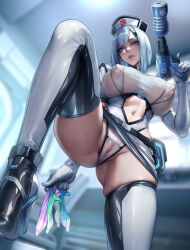 1girl ass blue_eyes blue_hair breasts clothing_cutout commentary condom covered_erect_nipples elbow_gloves english_commentary gloves hat holding holding_condom holding_weapon large_breasts legs looking_at_viewer midriff mixed-language_commentary navel nurse_cap original pussy sadakage see-through_clothes shiny_clothes short_hair skindentation solo spread_legs stomach_cutout tenga thighhighs used_condom weapon