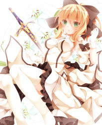 Rule 34 | 1girl, artoria pendragon (fate), blonde hair, blush, bow, caliburn (fate), detached sleeves, dress, fate/stay night, fate/unlimited codes, fate (series), flower, frills, gloves, green eyes, hair bow, long hair, mogu (au1127), ponytail, saber (fate), saber lily, solo, sword, thighhighs, weapon