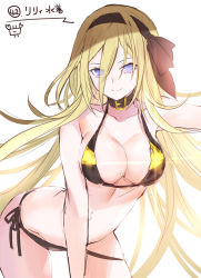 Rule 34 | 1girl, arched back, bare arms, bare shoulders, bikini, bikini pull, black bikini, black hairband, blonde hair, blue eyes, breasts, cleavage, clothes pull, collarbone, hair between eyes, hairband, large breasts, leaning forward, lily (vocaloid), long hair, shiny clothes, side-tie bikini bottom, solo, swimsuit, very long hair, vocaloid, yuuki kira