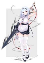 Rule 34 | 1girl, absurdres, armpits, azur lane, black footwear, blue hair, breasts, dido (azur lane), doll, dress, earrings, hairband, highres, jewelry, lace-trimmed hairband, lace trim, long hair, looking at viewer, maid, maid headdress, medium breasts, okame. (okame124), purple eyes, shoes, simple background, smile, solo, sword, sword behind back, thighhighs, weapon, weapon on back, white thighhighs