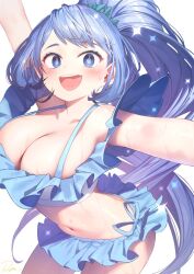Rule 34 | 1girl, :d, bikini, blue bikini, blue eyes, blue hair, boku no hero academia, breasts, cleavage, hadou nejire, highres, large breasts, long hair, looking at viewer, navel, open mouth, outstretched arms, ponytail, ryota (ry o ta), sidelocks, smile, solo, swimsuit, very long hair, white background