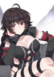 Rule 34 | 1girl, ahoge, arm belt, belt, black belt, black dress, black hair, breasts, character request, closed mouth, collarbone, commission, copyright request, crossed legs, detached sleeves, dress, frilled dress, frills, highres, large breasts, panty straps, red eyes, short hair, solo, thigh strap, valefal coneri, vgen commission