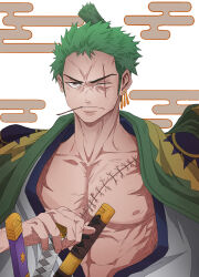 Rule 34 | 1boy, abs, absurdres, black eyes, chonmage, collarbone, commentary, earrings, egasumi, english commentary, green hair, highres, japanese clothes, jewelry, katana, male focus, meowdeer, mouth hold, official alternate costume, one eye closed, one piece, open clothes, roronoa zoro, scar, scar across eye, scar on chest, scar on face, short hair, single earring, solo, sword, toothpick, topknot, weapon