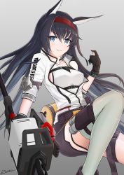 Rule 34 | 1girl, :3, absurdres, animal ears, arknights, arm up, belt, black gloves, black hair, black skirt, blaze (arknights), blood, blood on hands, blue eyes, boots, breasts, brown belt, brown footwear, cat ears, chainsaw, clothes writing, commentary, denkouseka akaiken, english commentary, feet out of frame, framed breasts, gloves, grey background, grey thighhighs, hair between eyes, hairband, highres, knee pads, knee up, large breasts, long hair, long sleeves, looking at viewer, microskirt, pouch, red hairband, simple background, single thighhigh, sitting, skirt, smile, solo, thighhighs, thighs, underwear, very long hair