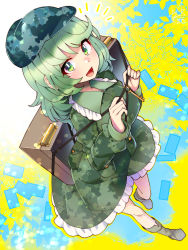 Rule 34 | 1girl, :d, aqua hat, boots, box, camouflage, camouflage headwear, camouflage jacket, camouflage skirt, flat cap, from above, full body, green eyes, green hair, green jacket, green skirt, grey footwear, hat, highres, jacket, key, long sleeves, looking at viewer, multicolored background, open mouth, short hair, skirt, smile, solo, standing, standing on one leg, touhou, umigarasu (kitsune1963), yamashiro takane