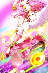 Rule 34 | 1girl, angel wings, ball, bare shoulders, blue eyes, bracelet, collarbone, comiccho, crown, dress, frilled dress, frills, hair ornament, heart, heart hair ornament, highres, jewelry, nari (soccer spirits), pink dress, pink hair, plant, soccer ball, soccer spirits, solo, standing, star (symbol), star hair ornament, thighhighs, thorns, thumb to mouth, transparent background, vines, white thighhighs, white wings, wings